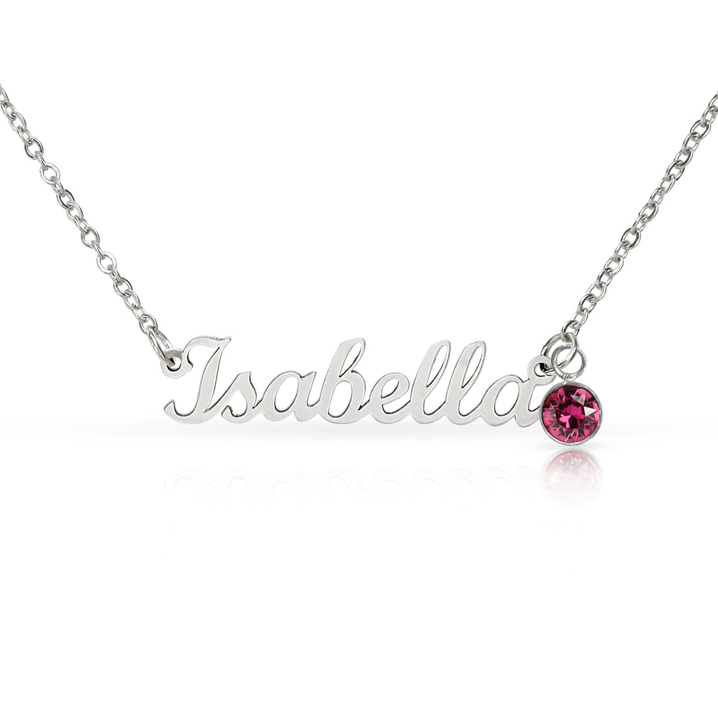 Personalised Name Necklace with Birthstone — Custom Cursive Nameplate, Silver or 18K Gold