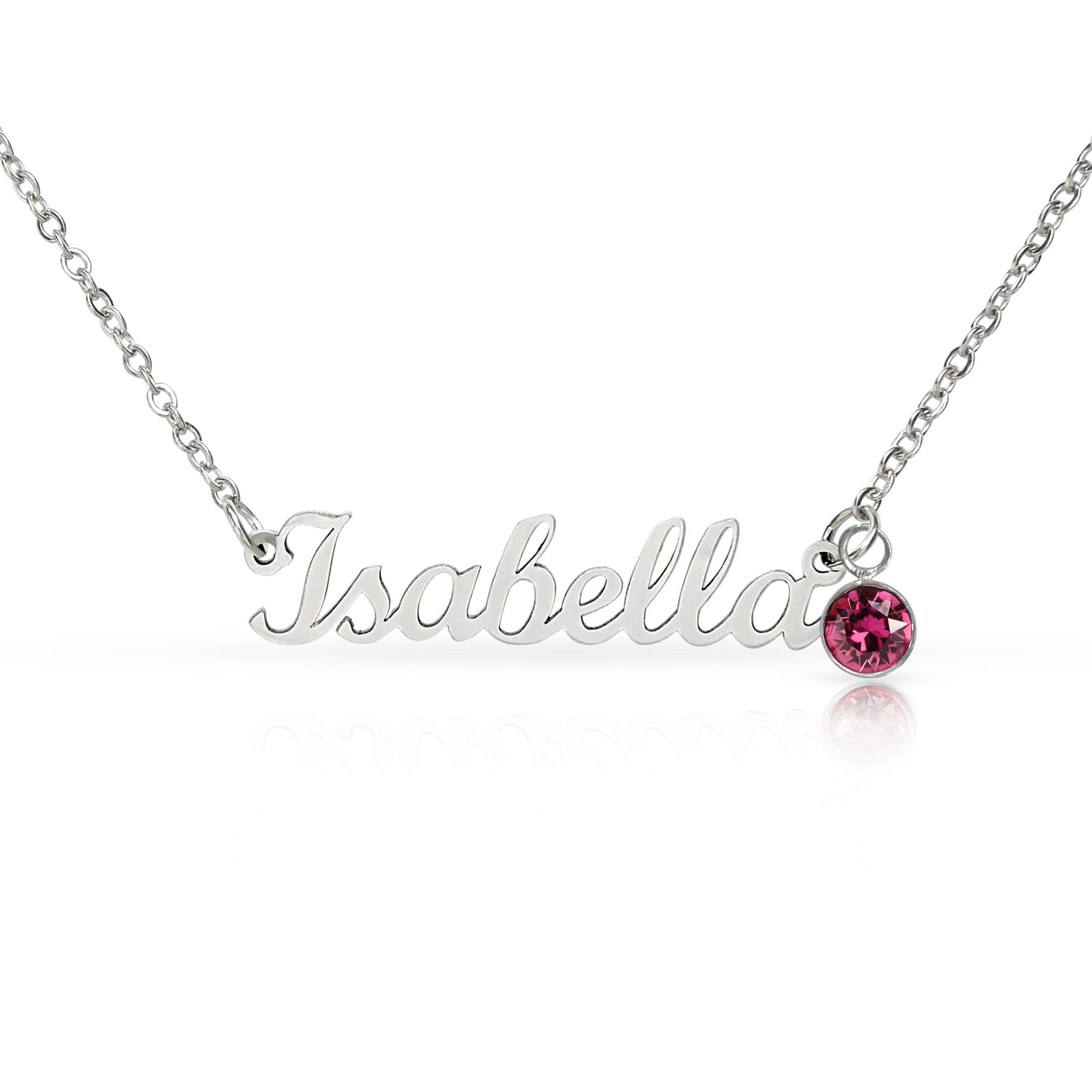 Personalised Name Necklace with Birthstone — Custom Cursive Nameplate, Silver or 18K Gold