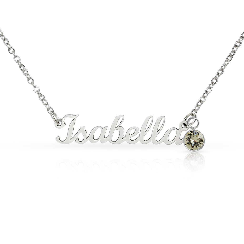 Personalised Name Necklace with Birthstone — Custom Cursive Nameplate, Silver or 18K Gold