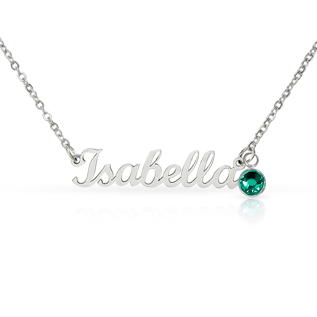 Personalised Name Necklace with Birthstone — Custom Cursive Nameplate, Silver or 18K Gold