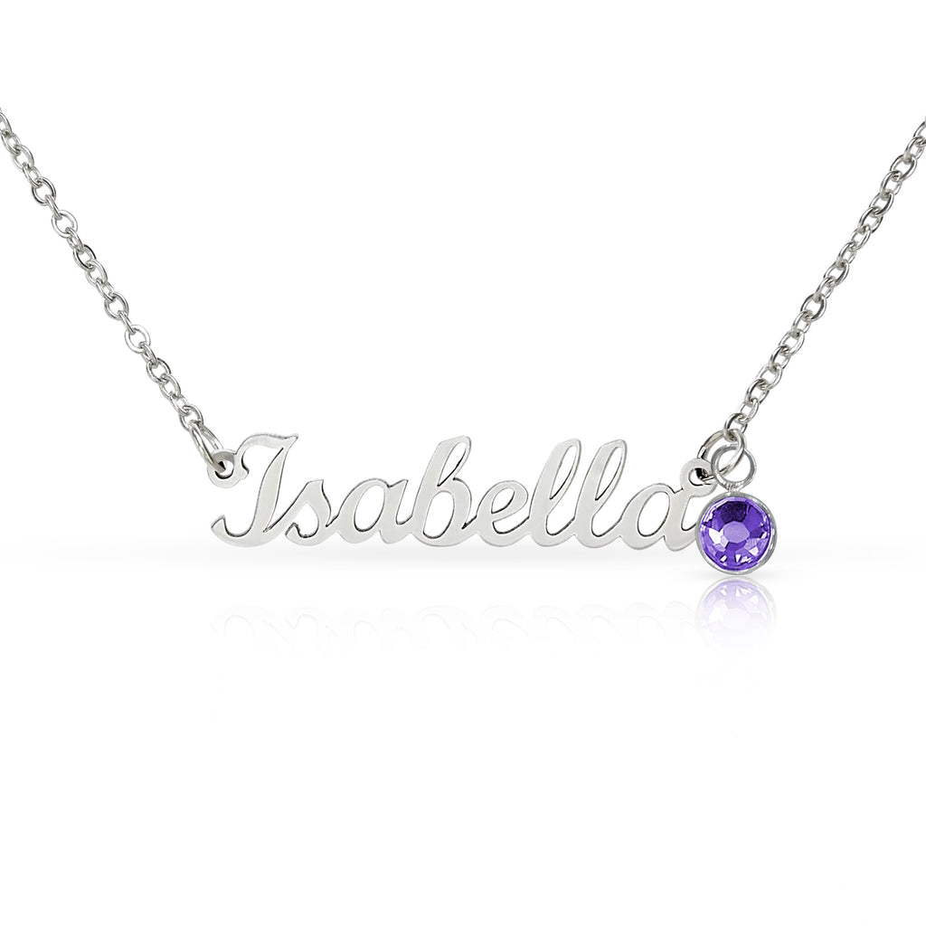 Personalised Name Necklace with Birthstone — Custom Cursive Nameplate, Silver or 18K Gold