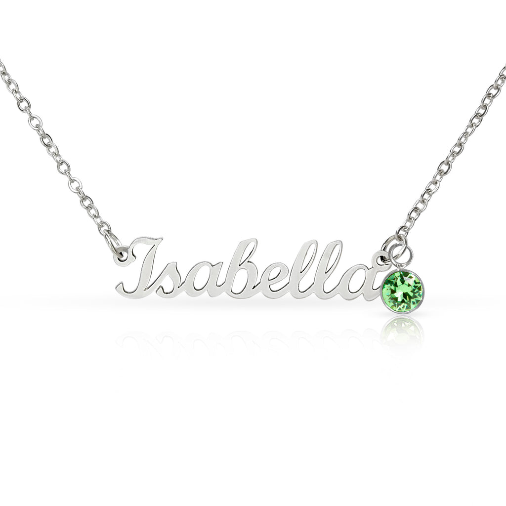 Personalised Name Necklace with Birthstone — Custom Cursive Nameplate, Silver or 18K Gold