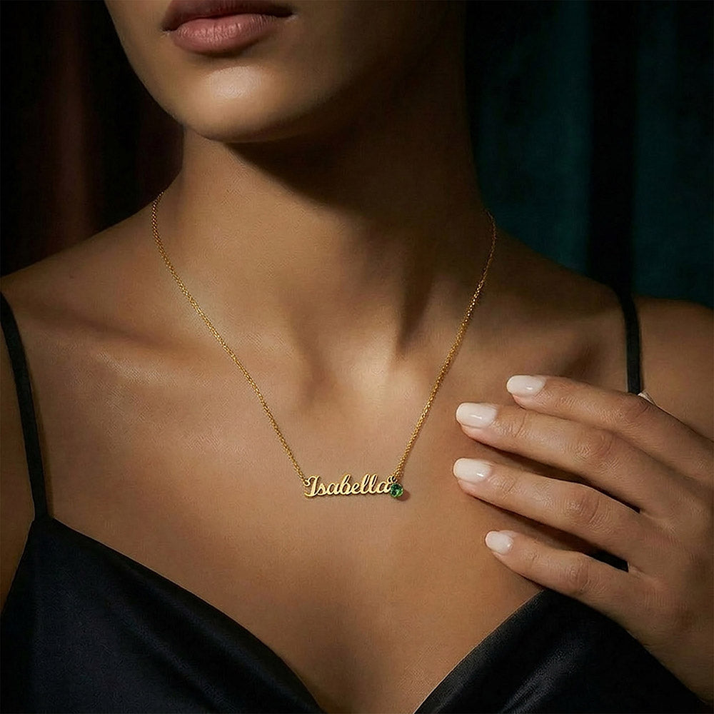 Personalised Name Necklace with Birthstone — Custom Cursive Nameplate, Silver or 18K Gold
