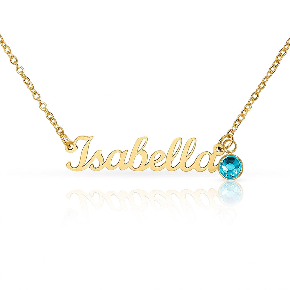 Personalised Name Necklace with Birthstone — Custom Cursive Nameplate, Silver or 18K Gold