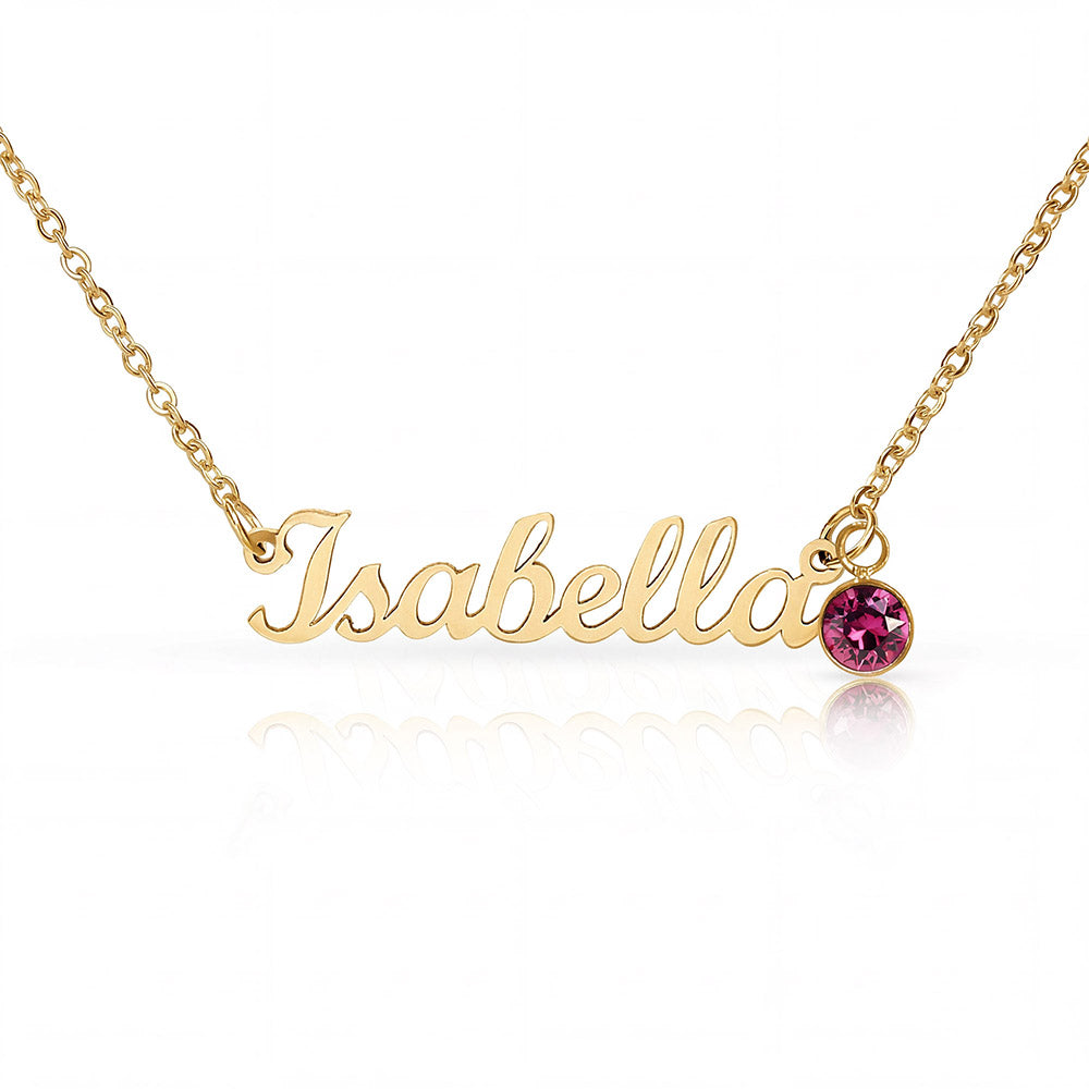 Personalised Name Necklace with Birthstone — Custom Cursive Nameplate, Silver or 18K Gold