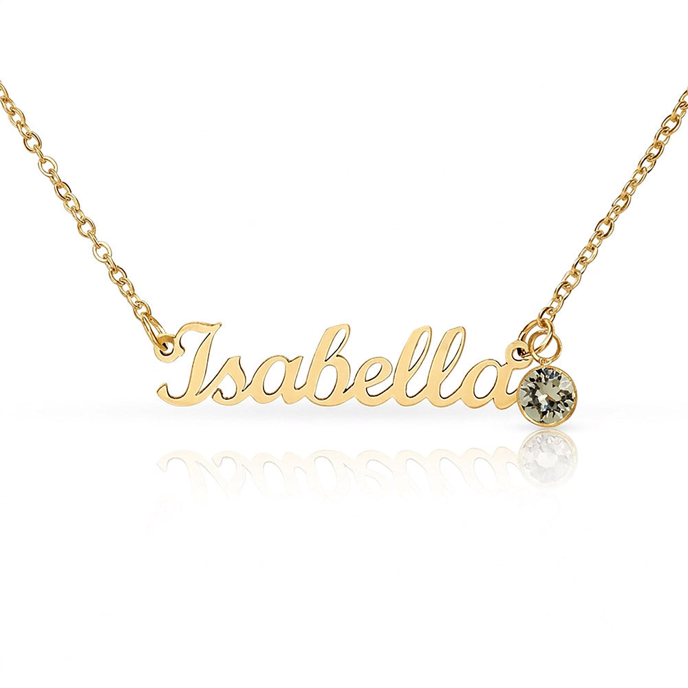 Personalised Name Necklace with Birthstone — Custom Cursive Nameplate, Silver or 18K Gold
