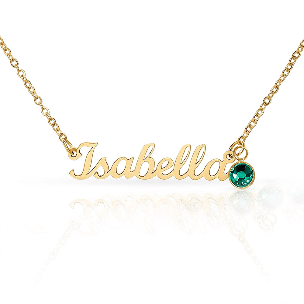 Personalised Name Necklace with Birthstone — Custom Cursive Nameplate, Silver or 18K Gold