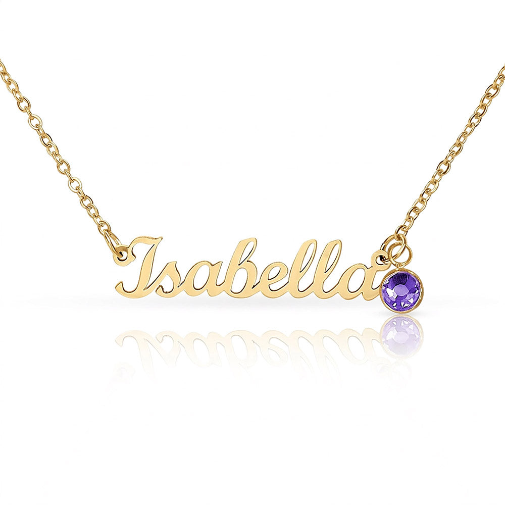 Personalised Name Necklace with Birthstone — Custom Cursive Nameplate, Silver or 18K Gold