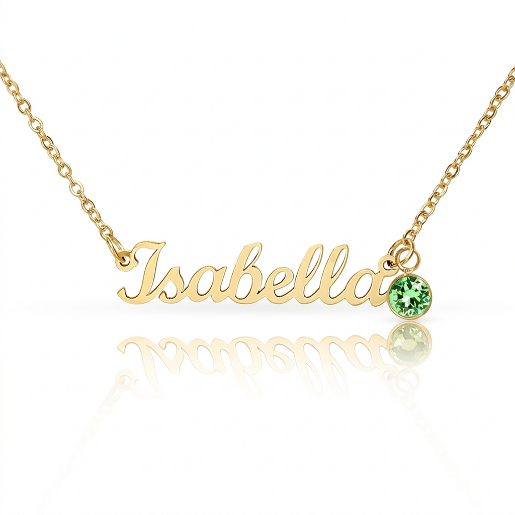 Personalised Name Necklace with Birthstone — Custom Cursive Nameplate, Silver or 18K Gold