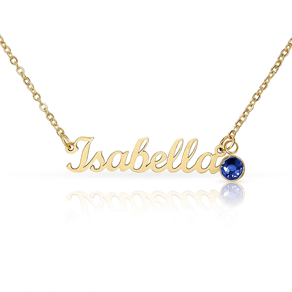 Personalised Name Necklace with Birthstone — Custom Cursive Nameplate, Silver or 18K Gold