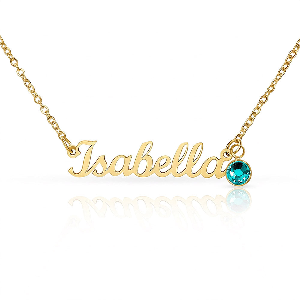 Personalised Name Necklace with Birthstone — Custom Cursive Nameplate, Silver or 18K Gold