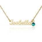 Personalised Name Necklace with Birthstone — Custom Cursive Nameplate, Silver or 18K Gold