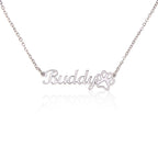 Personalised Paw Print Name Necklace — Custom Cursive Nameplate for Pet Lovers, Silver or 18K Gold