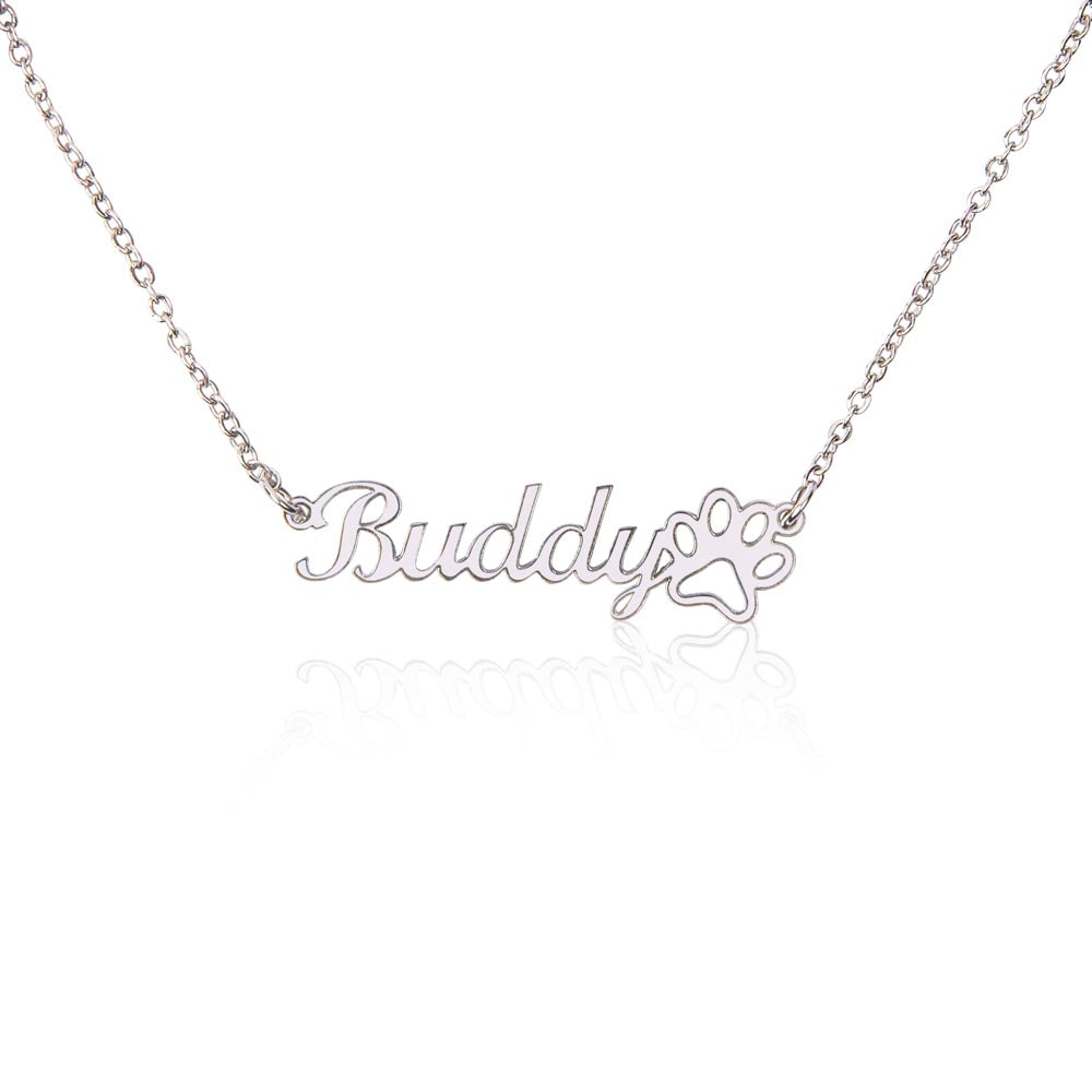 Personalised Paw Print Name Necklace — Custom Cursive Nameplate for Pet Lovers, Silver or 18K Gold