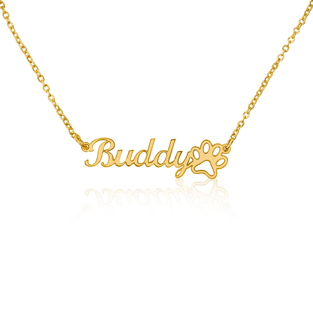Personalised Paw Print Name Necklace — Custom Cursive Nameplate for Pet Lovers, Silver or 18K Gold
