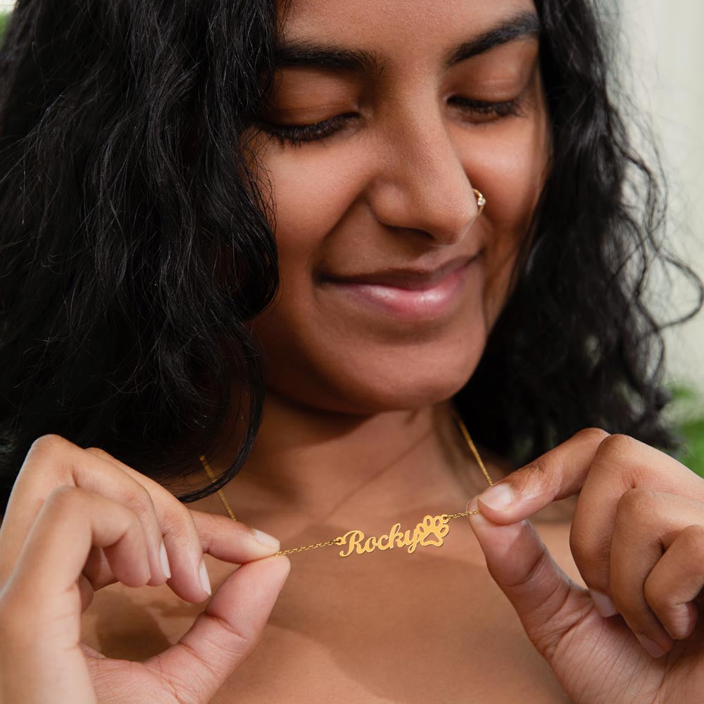 Personalised Paw Print Name Necklace — Custom Cursive Nameplate for Pet Lovers, Silver or 18K Gold