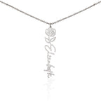 Personalised Birth Flower Name Necklace — Custom Vertical Nameplate, Silver or 18K Gold