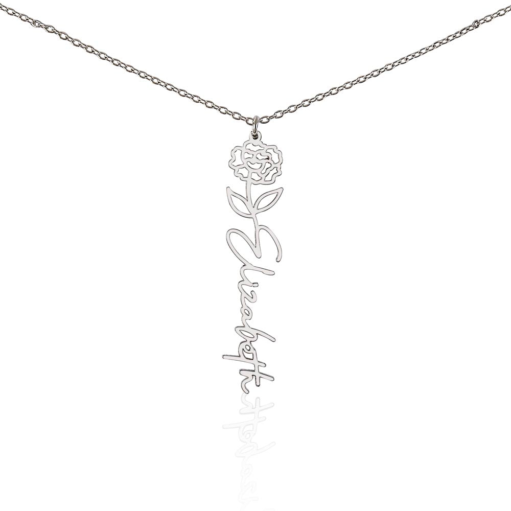 Personalised Birth Flower Name Necklace — Custom Vertical Nameplate, Silver or 18K Gold