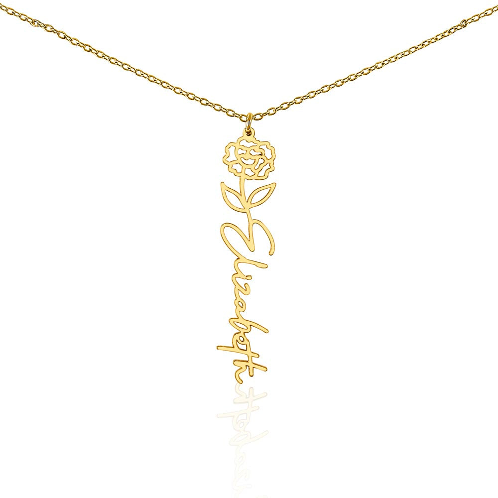 Personalised Birth Flower Name Necklace — Custom Vertical Nameplate, Silver or 18K Gold