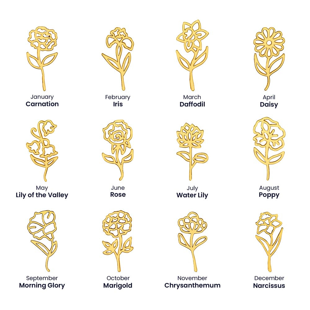 Personalised Birth Flower Name Necklace — Custom Vertical Nameplate, Silver or 18K Gold