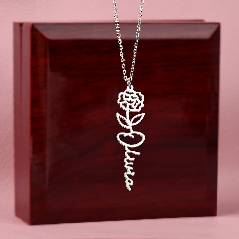 Personalised Birth Flower Name Necklace — Custom Vertical Nameplate, Silver or 18K Gold