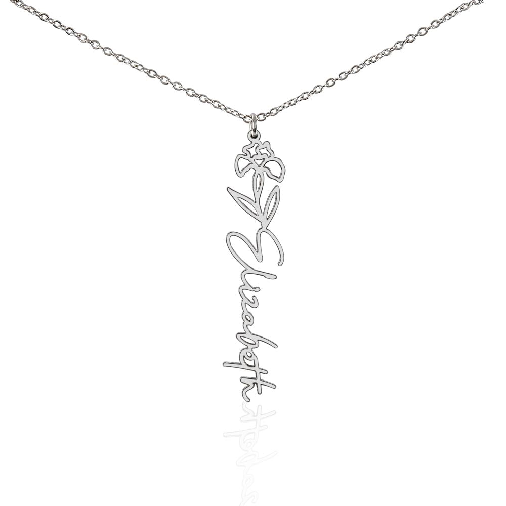 Personalised Birth Flower Name Necklace — Custom Vertical Nameplate, Silver or 18K Gold