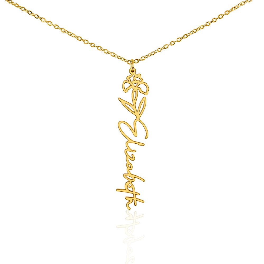 Personalised Birth Flower Name Necklace — Custom Vertical Nameplate, Silver or 18K Gold