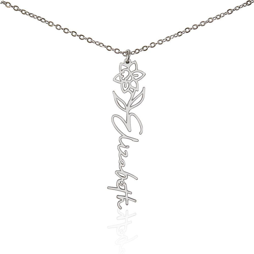 Personalised Birth Flower Name Necklace — Custom Vertical Nameplate, Silver or 18K Gold