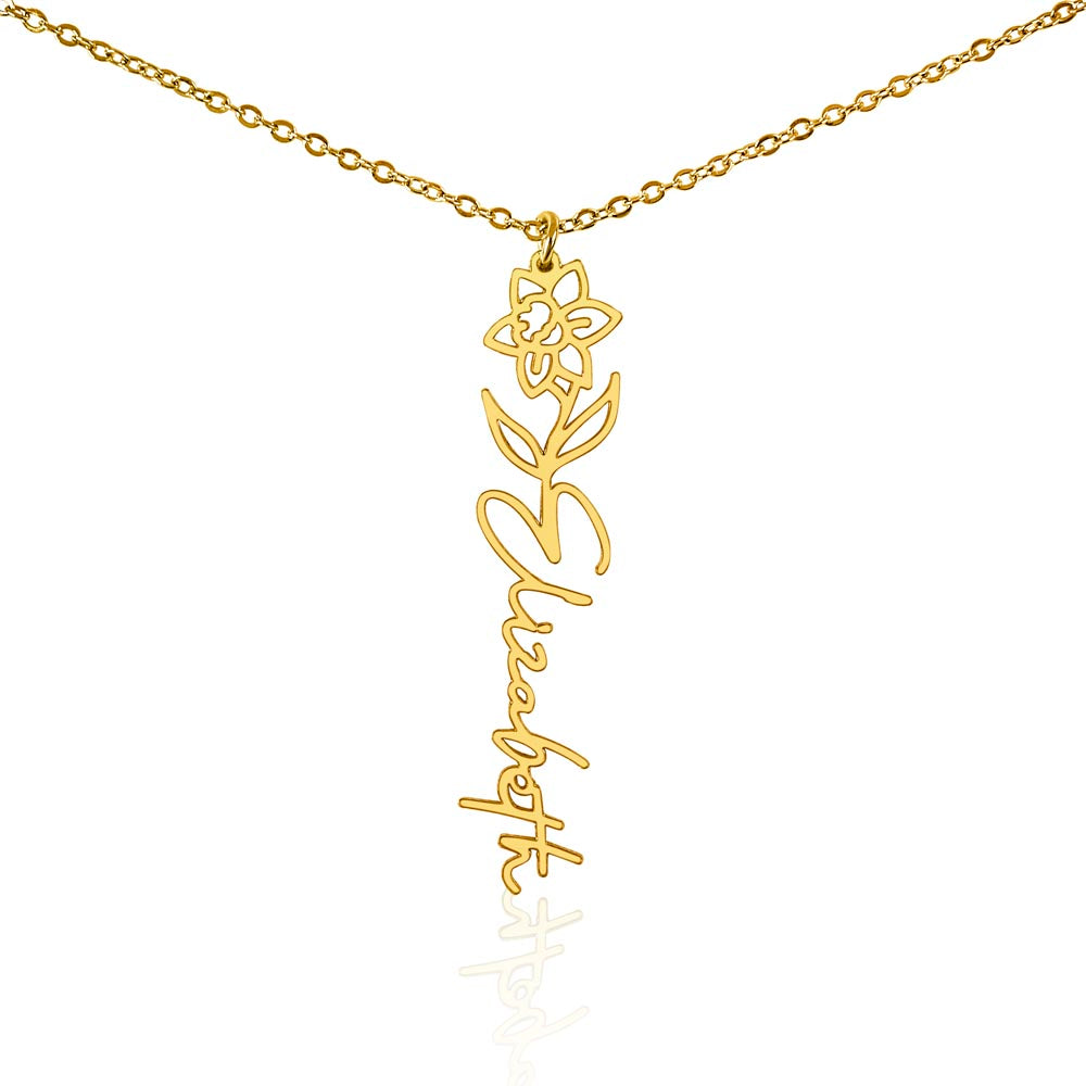 Personalised Birth Flower Name Necklace — Custom Vertical Nameplate, Silver or 18K Gold