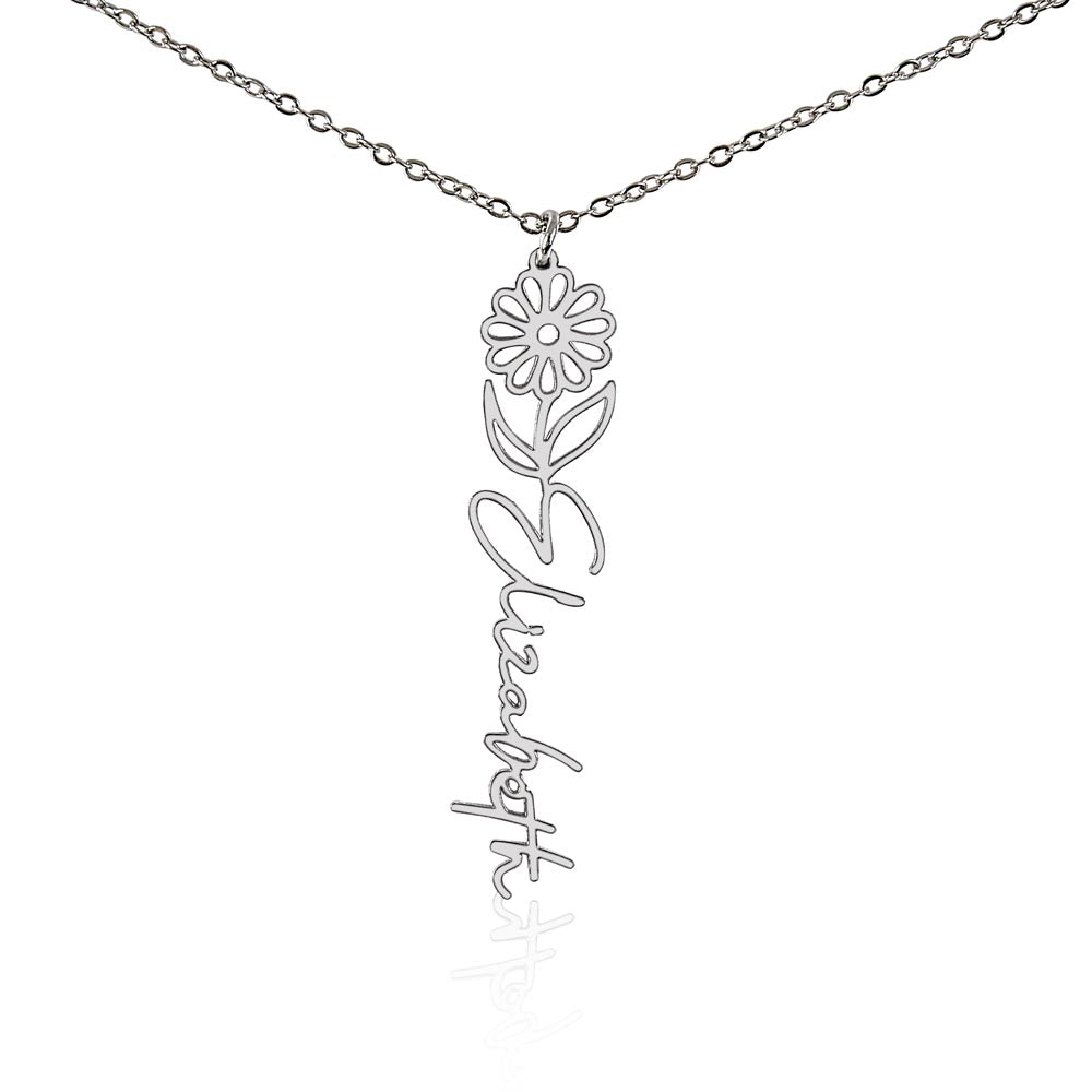 Personalised Birth Flower Name Necklace — Custom Vertical Nameplate, Silver or 18K Gold