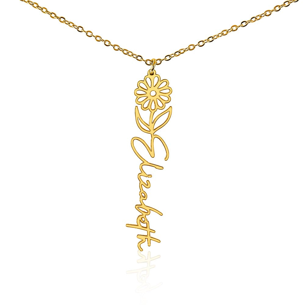 Personalised Birth Flower Name Necklace — Custom Vertical Nameplate, Silver or 18K Gold