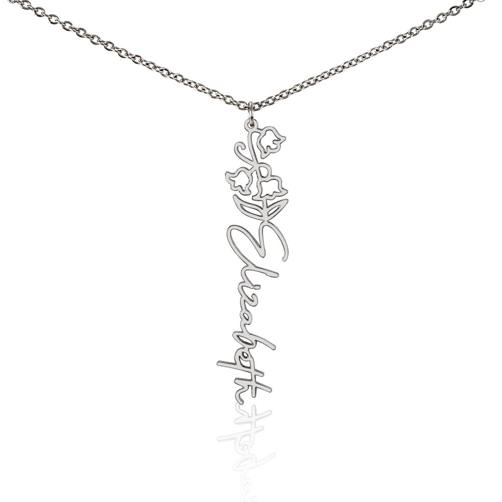 Personalised Birth Flower Name Necklace — Custom Vertical Nameplate, Silver or 18K Gold