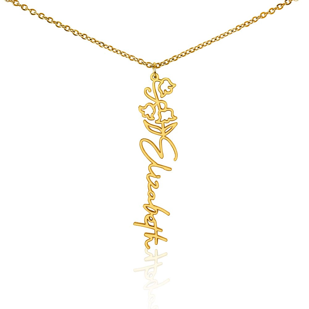 Personalised Birth Flower Name Necklace — Custom Vertical Nameplate, Silver or 18K Gold
