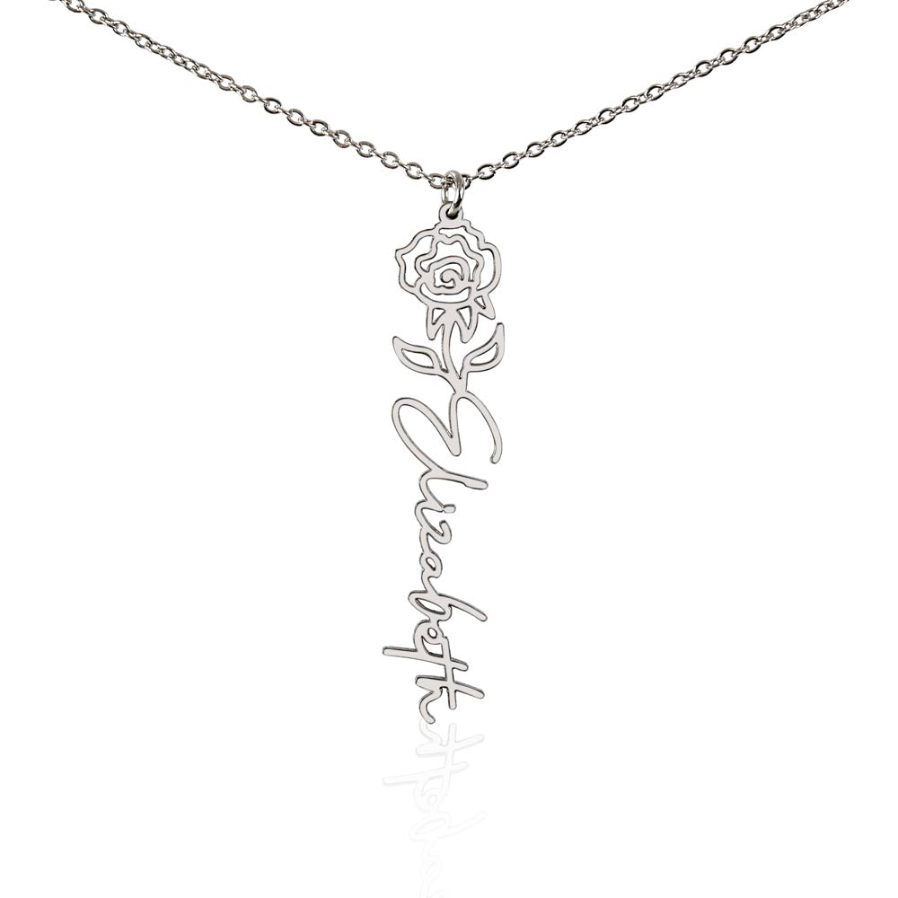 Personalised Birth Flower Name Necklace — Custom Vertical Nameplate, Silver or 18K Gold