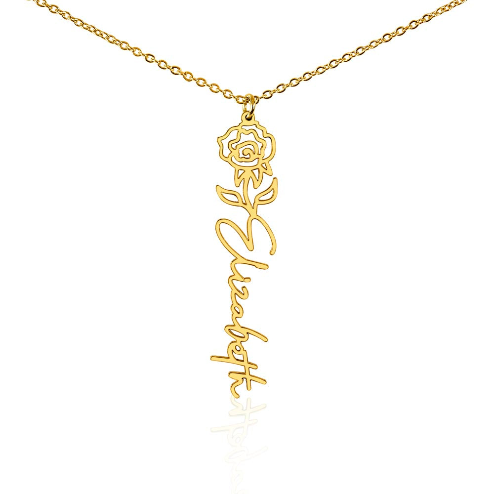Personalised Birth Flower Name Necklace — Custom Vertical Nameplate, Silver or 18K Gold