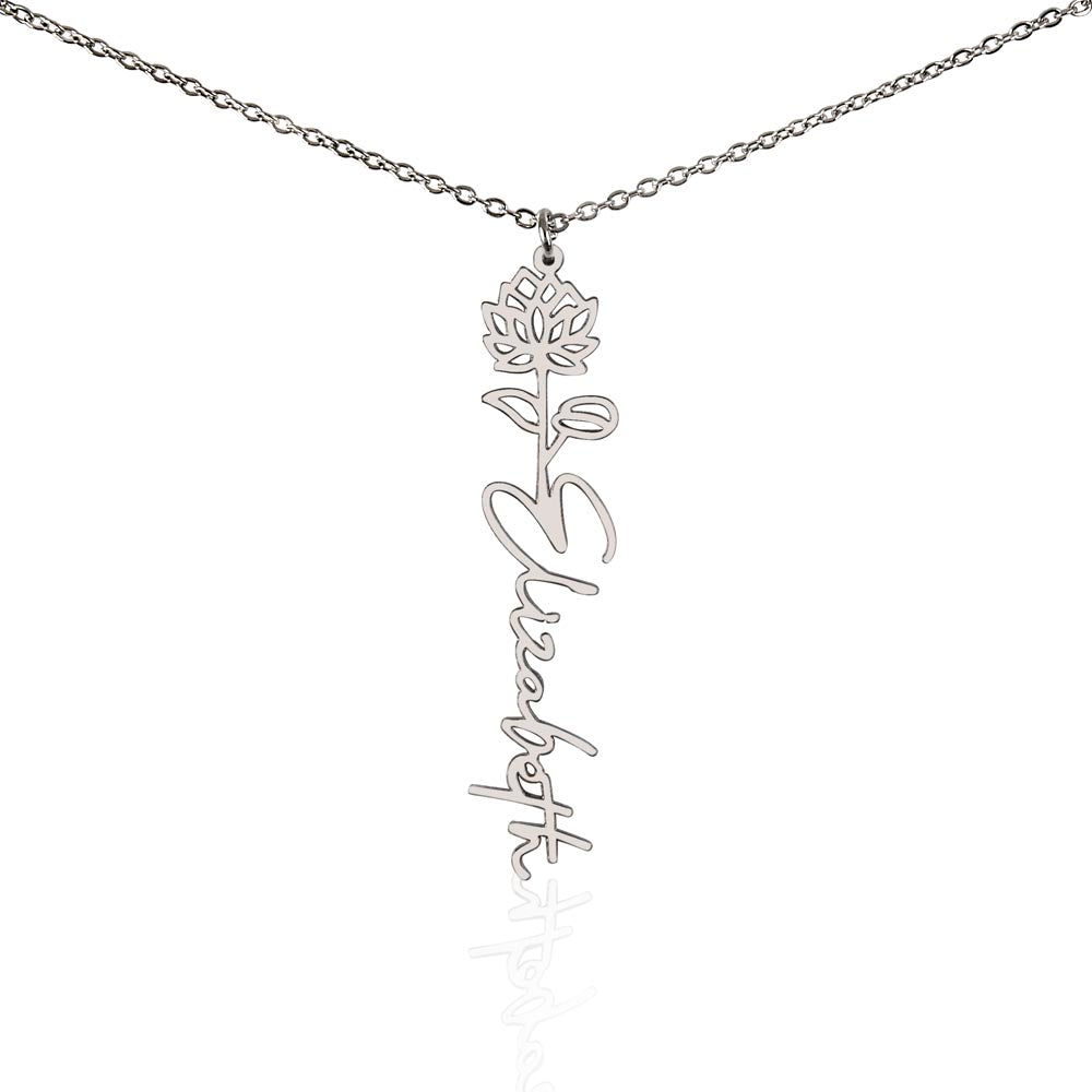 Personalised Birth Flower Name Necklace — Custom Vertical Nameplate, Silver or 18K Gold
