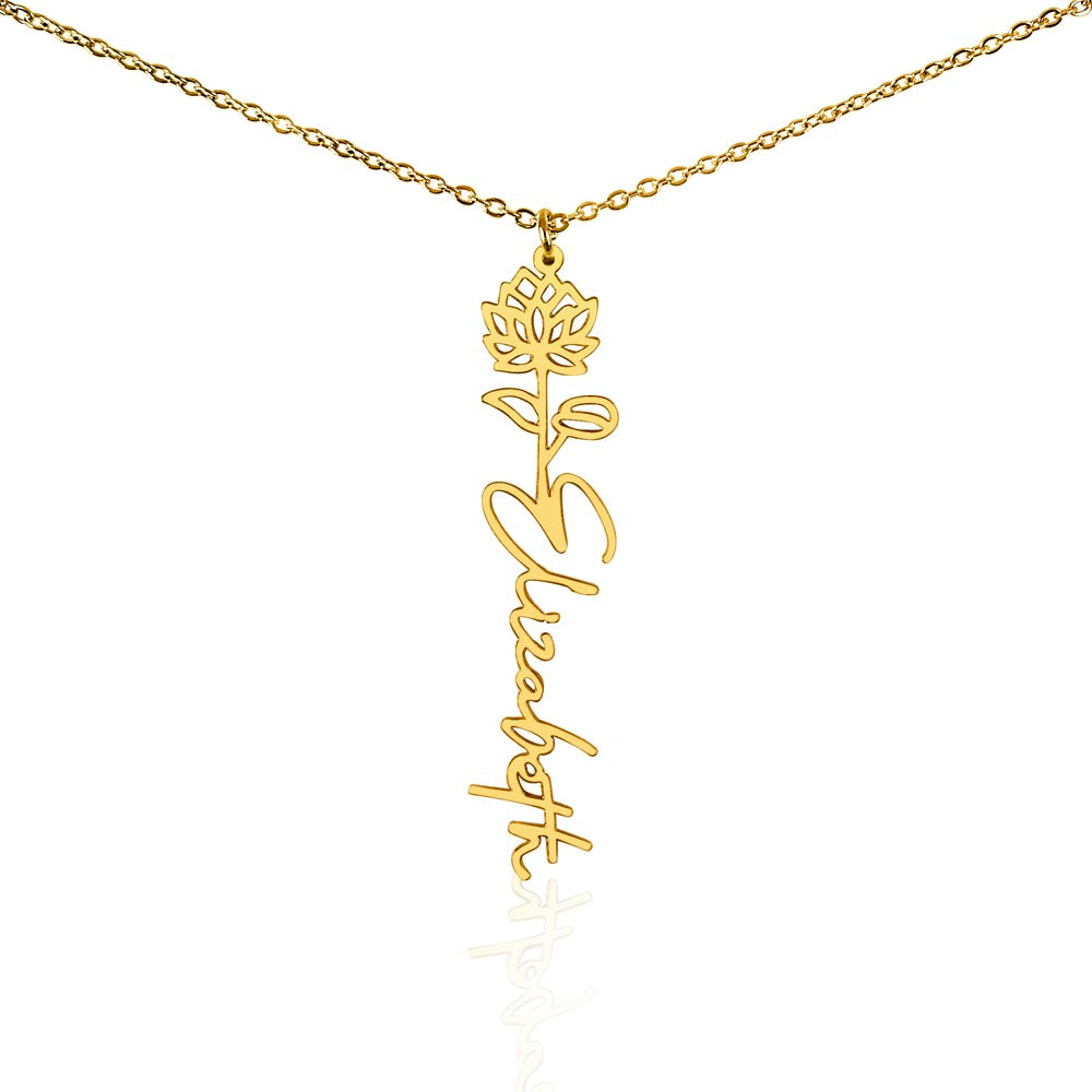Personalised Birth Flower Name Necklace — Custom Vertical Nameplate, Silver or 18K Gold