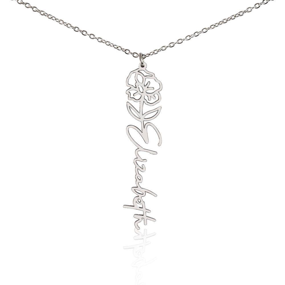 Personalised Birth Flower Name Necklace — Custom Vertical Nameplate, Silver or 18K Gold