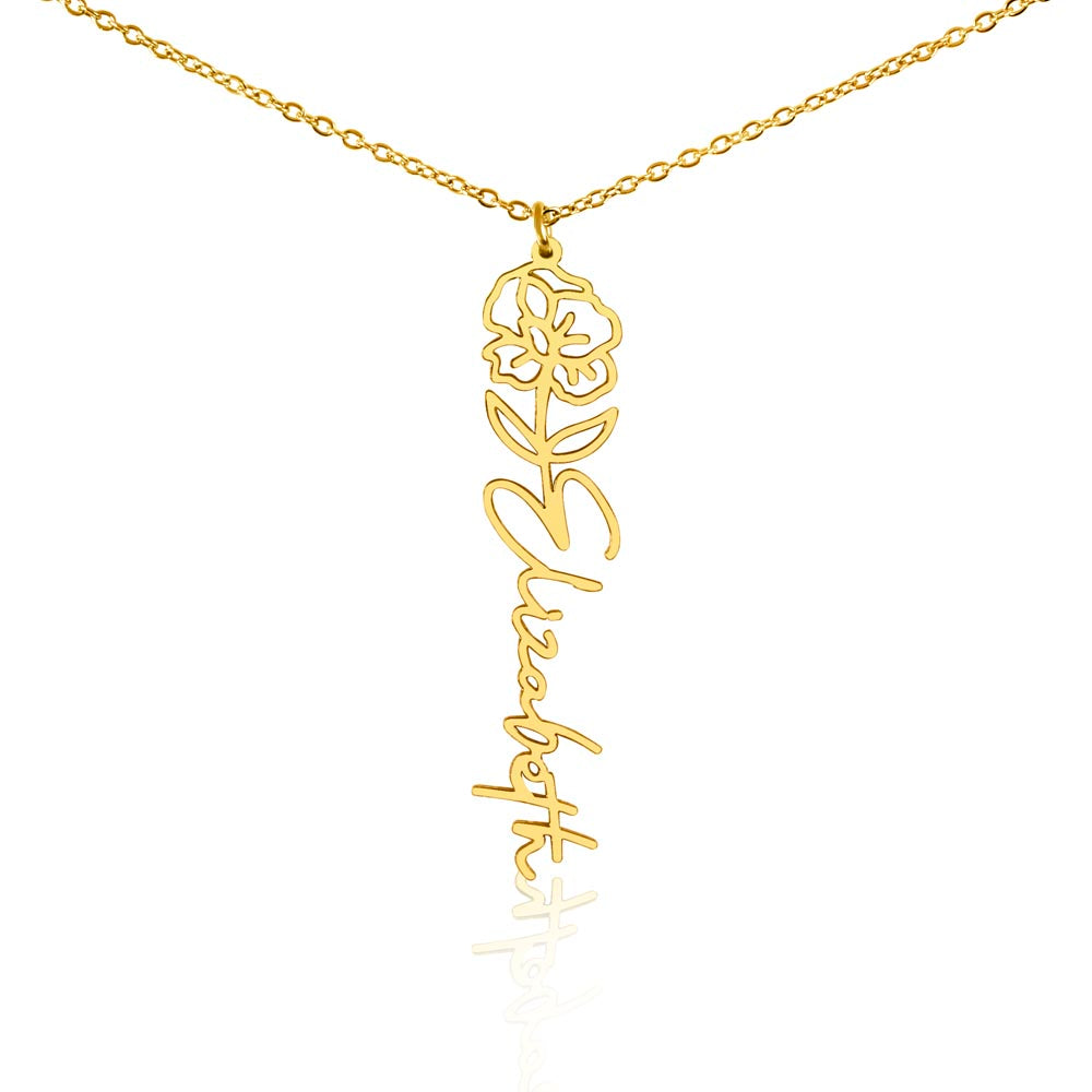 Personalised Birth Flower Name Necklace — Custom Vertical Nameplate, Silver or 18K Gold