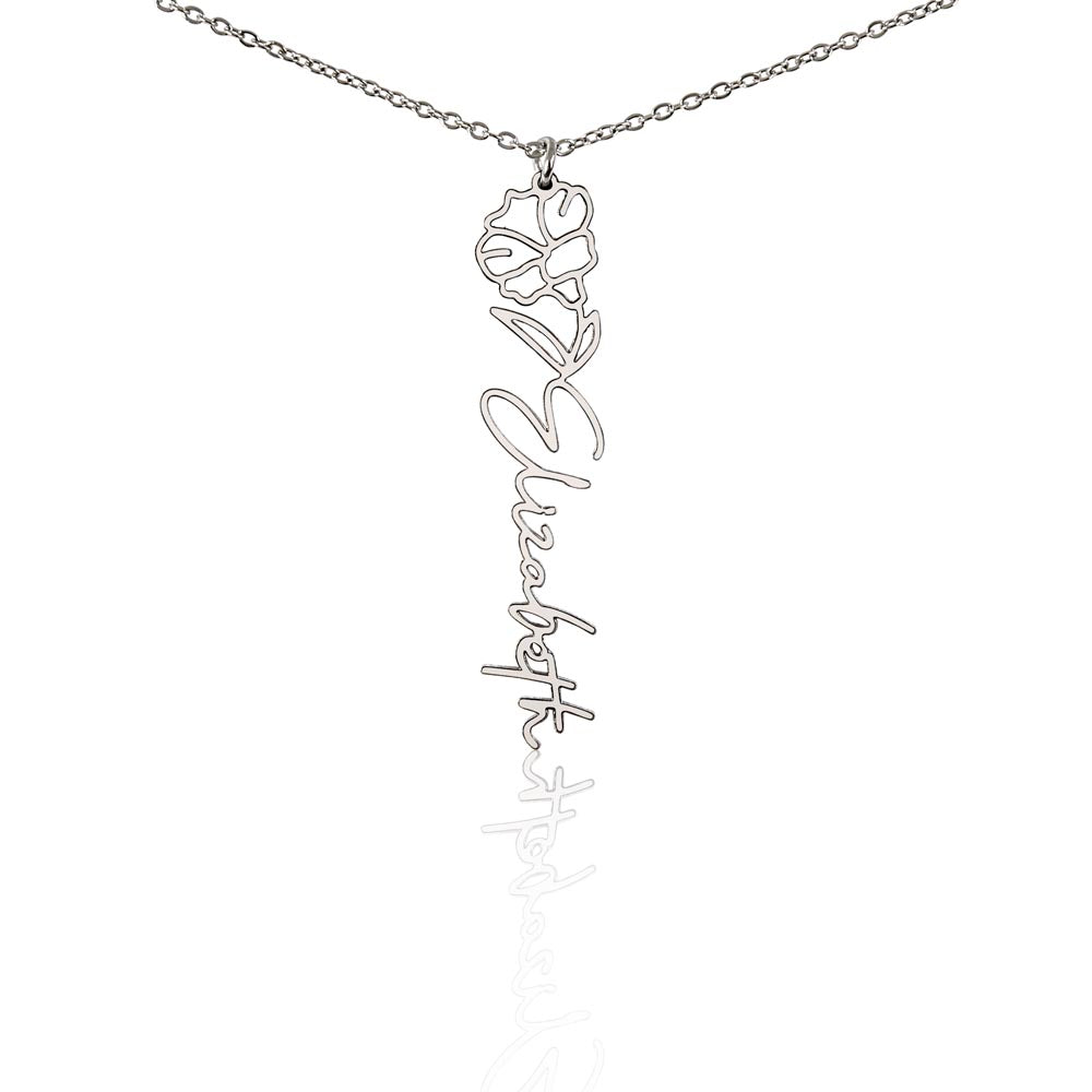Personalised Birth Flower Name Necklace — Custom Vertical Nameplate, Silver or 18K Gold