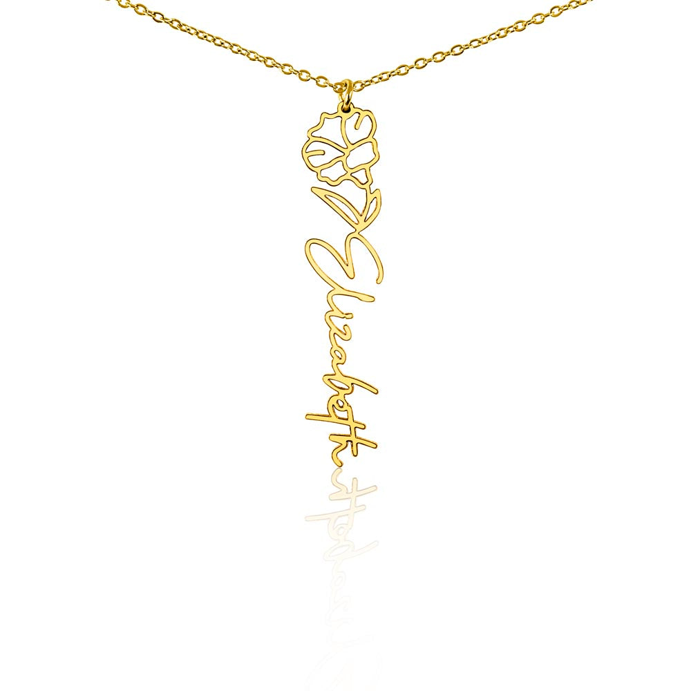 Personalised Birth Flower Name Necklace — Custom Vertical Nameplate, Silver or 18K Gold