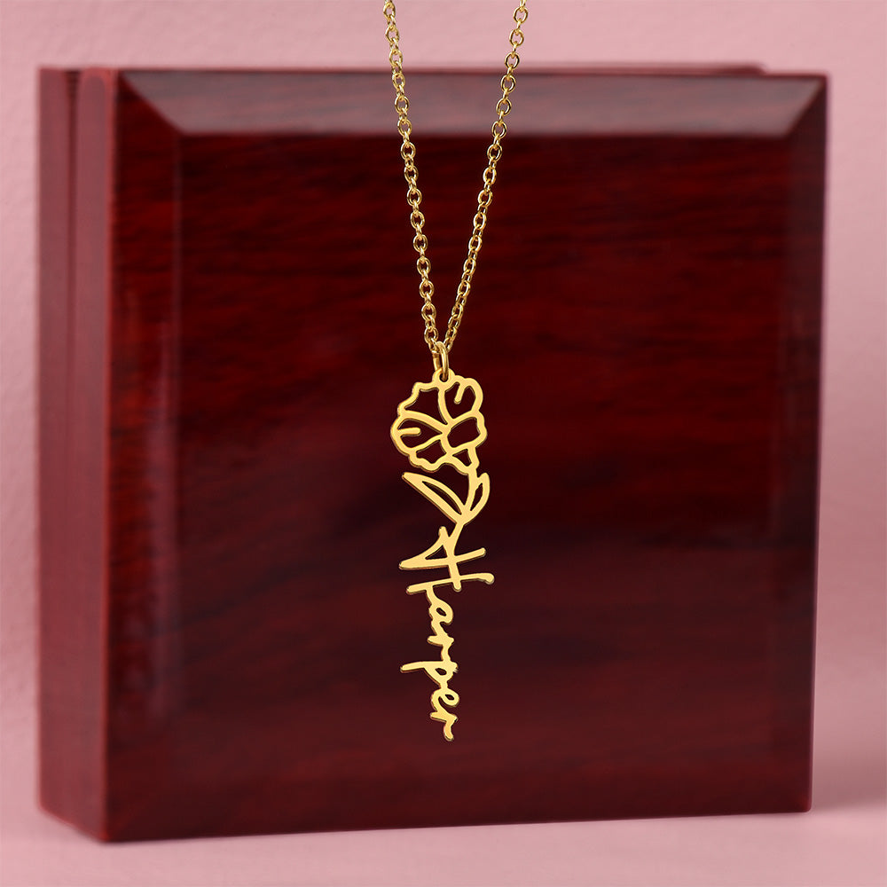 Personalised Birth Flower Name Necklace — Custom Vertical Nameplate, Silver or 18K Gold