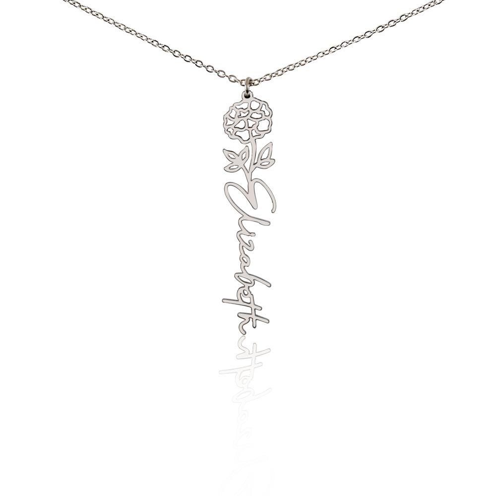 Personalised Birth Flower Name Necklace — Custom Vertical Nameplate, Silver or 18K Gold