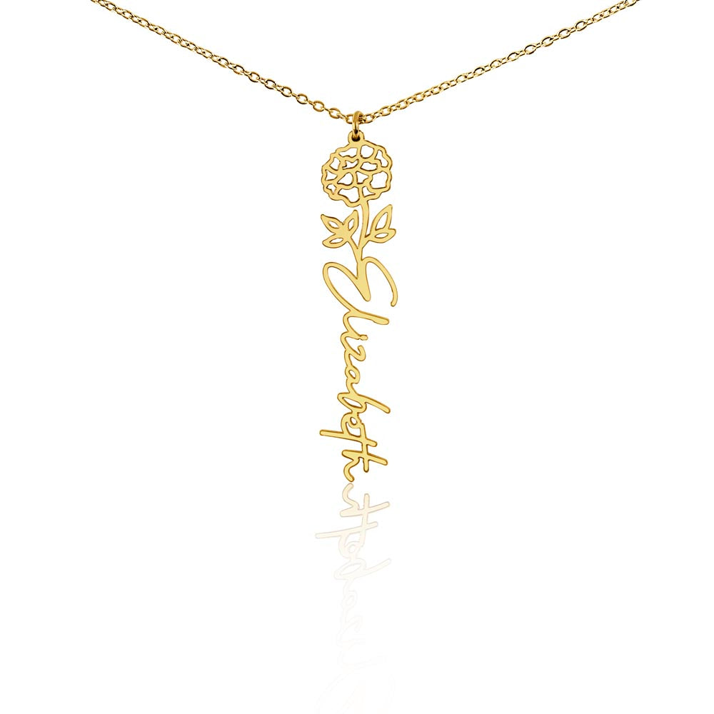 Personalised Birth Flower Name Necklace — Custom Vertical Nameplate, Silver or 18K Gold