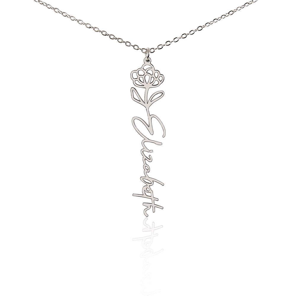 Personalised Birth Flower Name Necklace — Custom Vertical Nameplate, Silver or 18K Gold