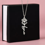 Personalised Birth Flower Name Necklace — Custom Vertical Nameplate, Silver or 18K Gold
