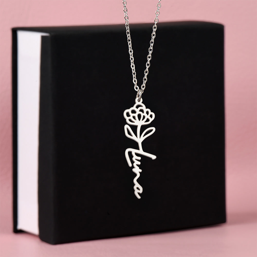 Personalised Birth Flower Name Necklace — Custom Vertical Nameplate, Silver or 18K Gold