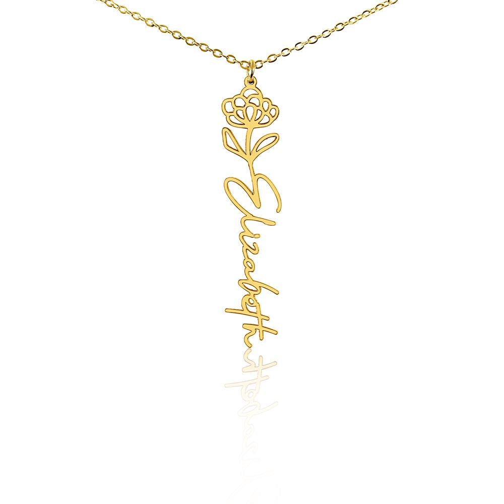 Personalised Birth Flower Name Necklace — Custom Vertical Nameplate, Silver or 18K Gold
