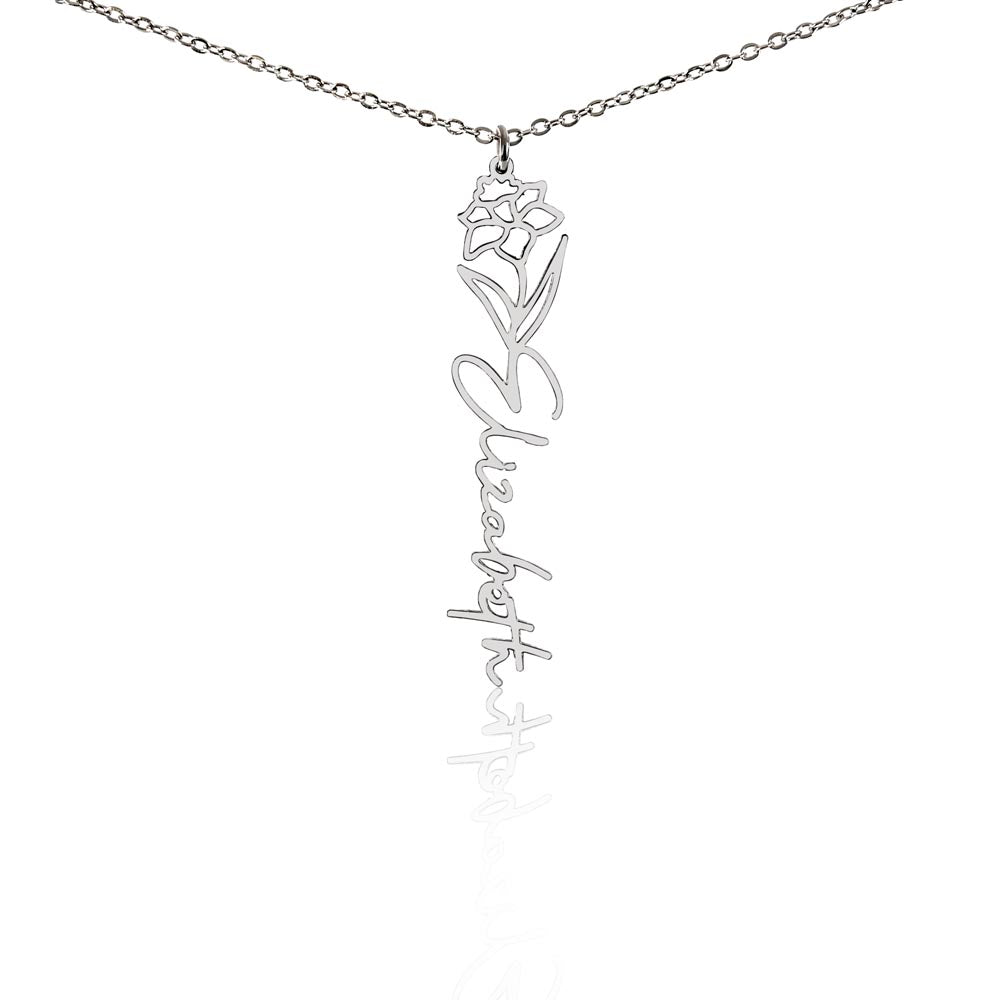 Personalised Birth Flower Name Necklace — Custom Vertical Nameplate, Silver or 18K Gold
