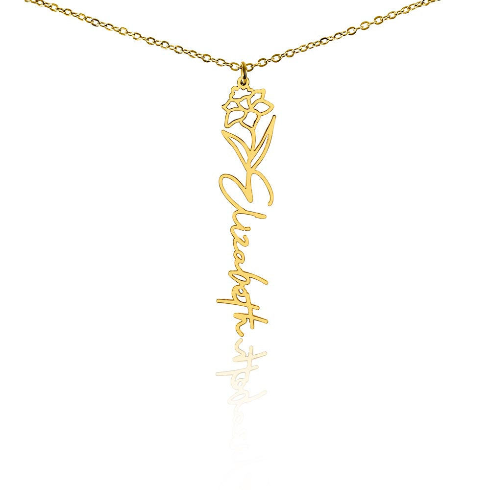 Personalised Birth Flower Name Necklace — Custom Vertical Nameplate, Silver or 18K Gold